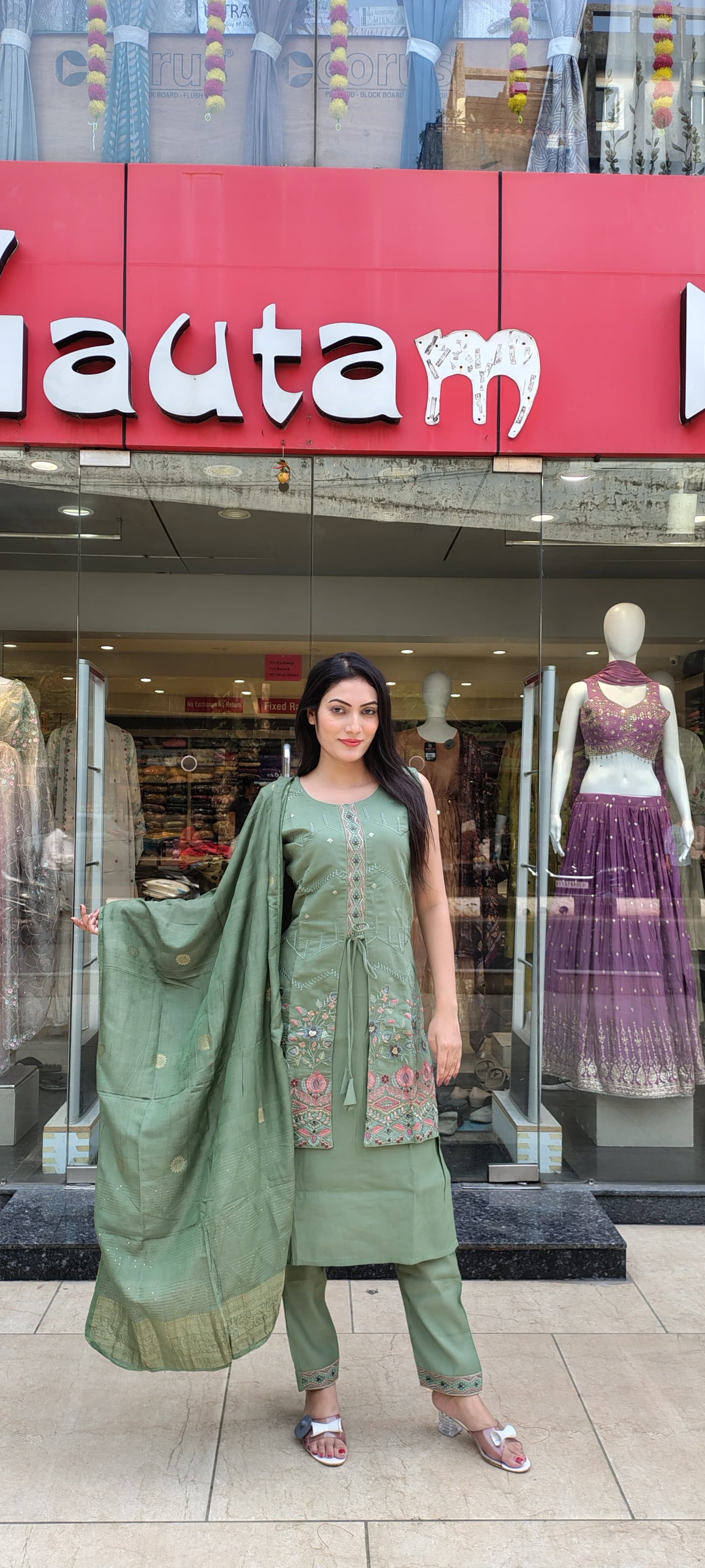 Elegant Light Pista Semi-Silk Ethnic Dress with Dupatta