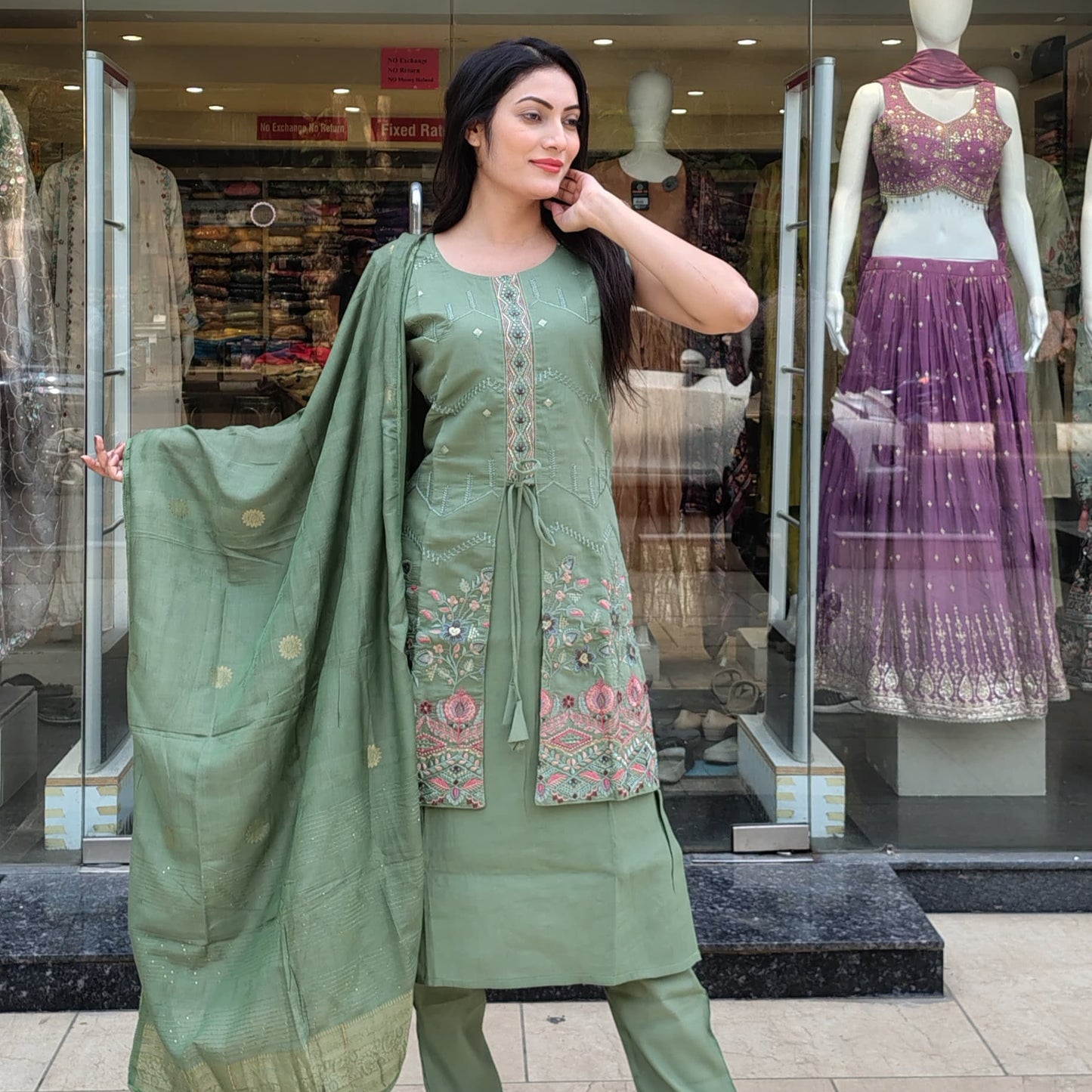 Elegant Light Pista Semi-Silk Ethnic Dress with Dupatta