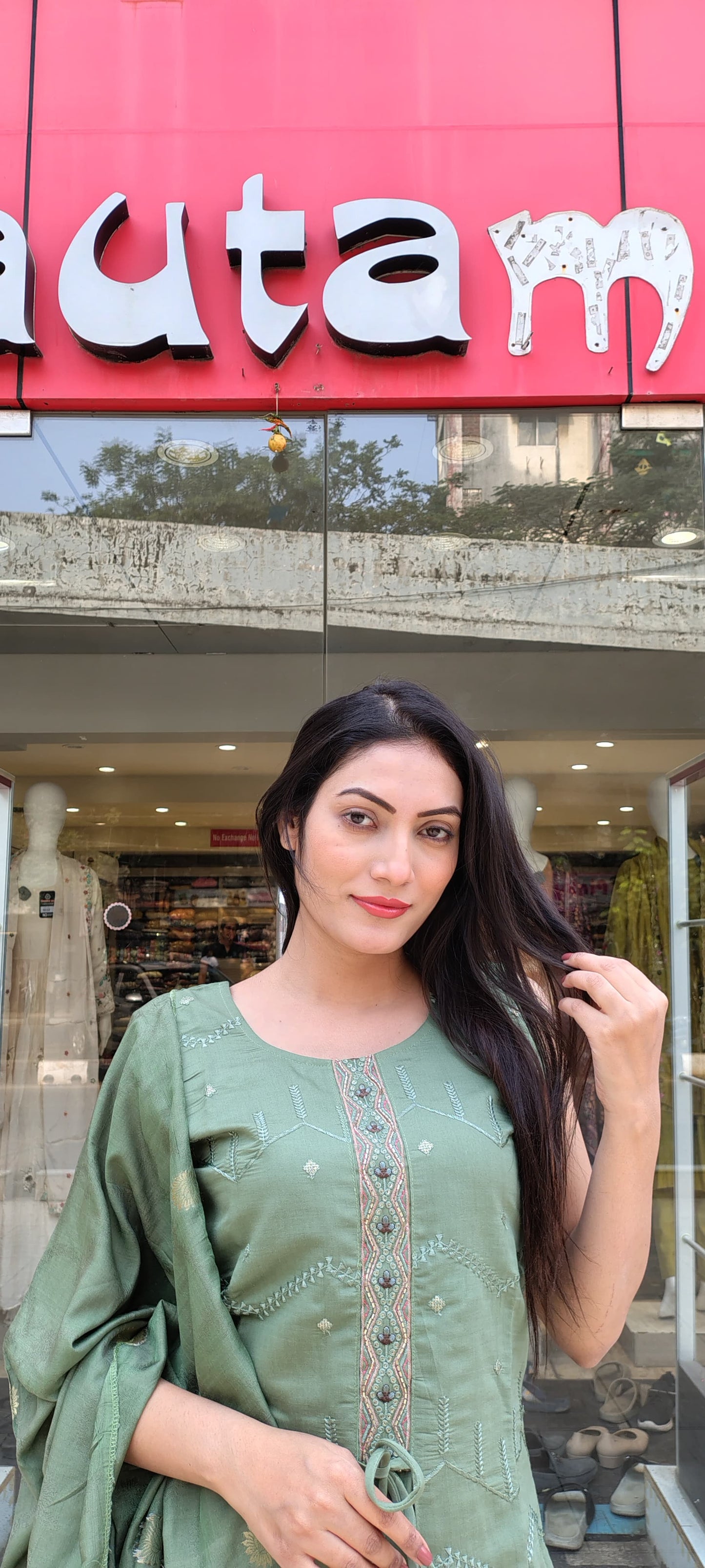Elegant Light Pista Semi-Silk Ethnic Dress with Dupatta