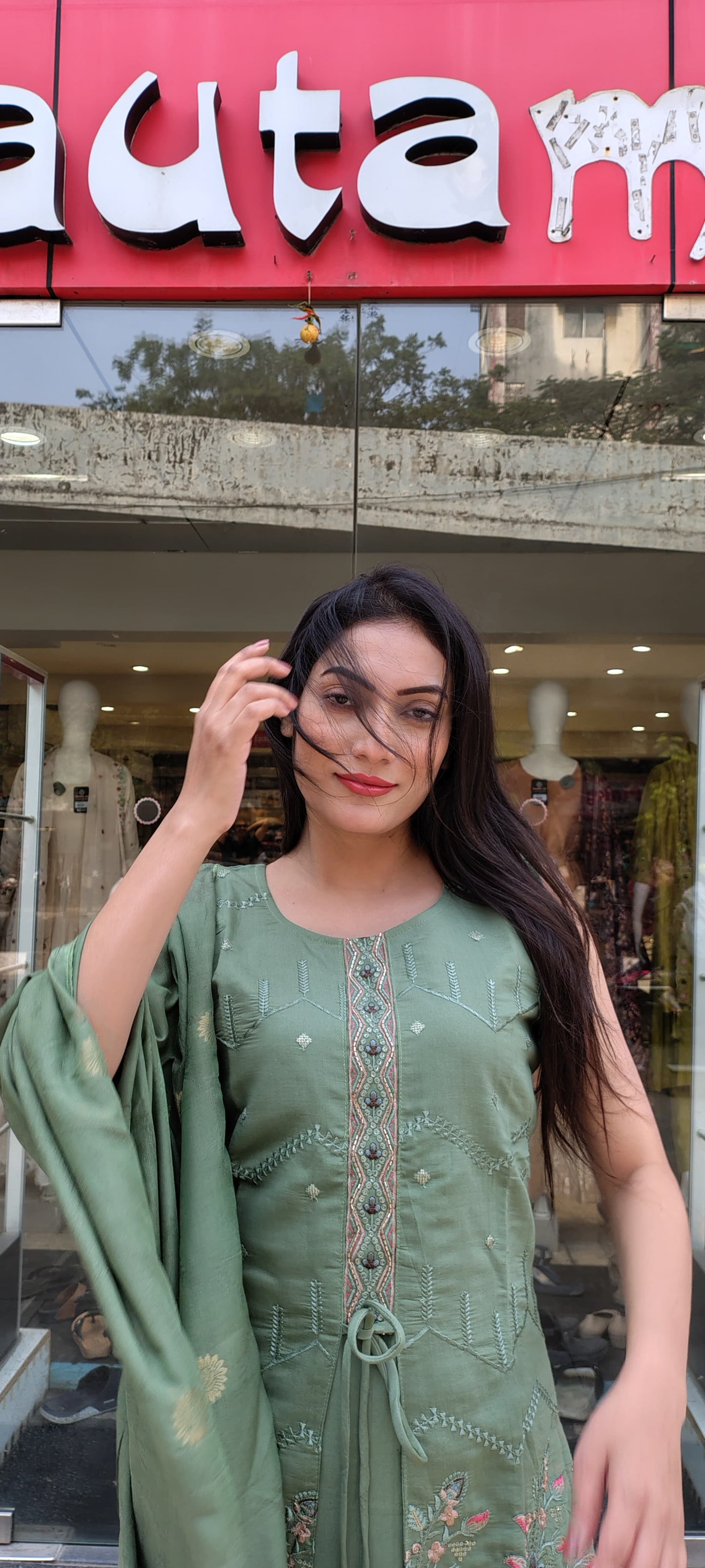 Elegant Light Pista Semi-Silk Ethnic Dress with Dupatta