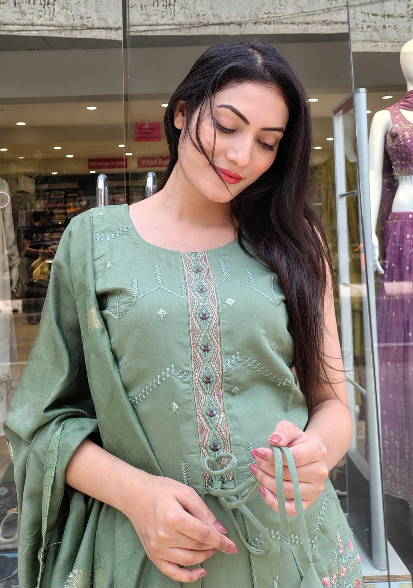 Elegant Light Pista Semi-Silk Ethnic Dress with Dupatta