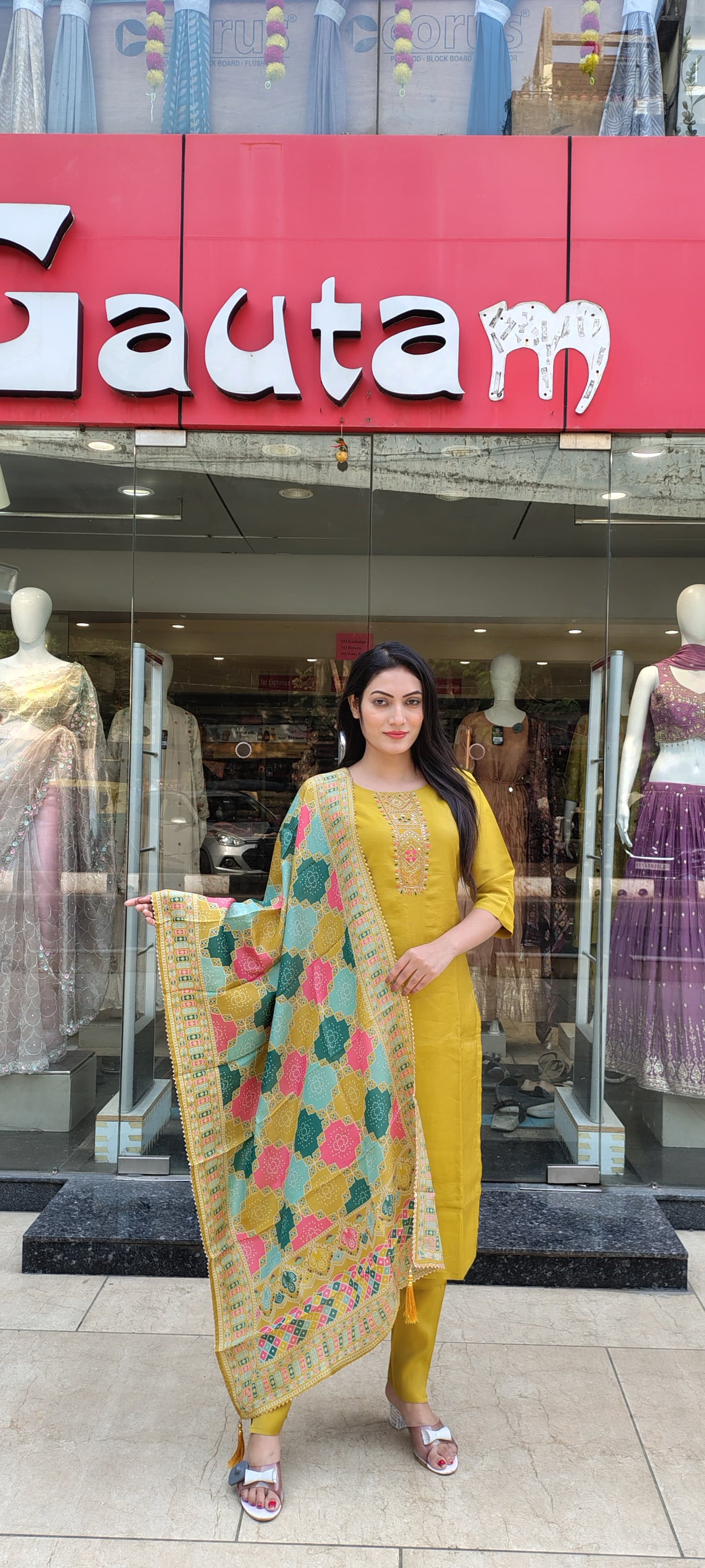 Radiant Ocher Yellow Semi-Silk Ethnic Dress