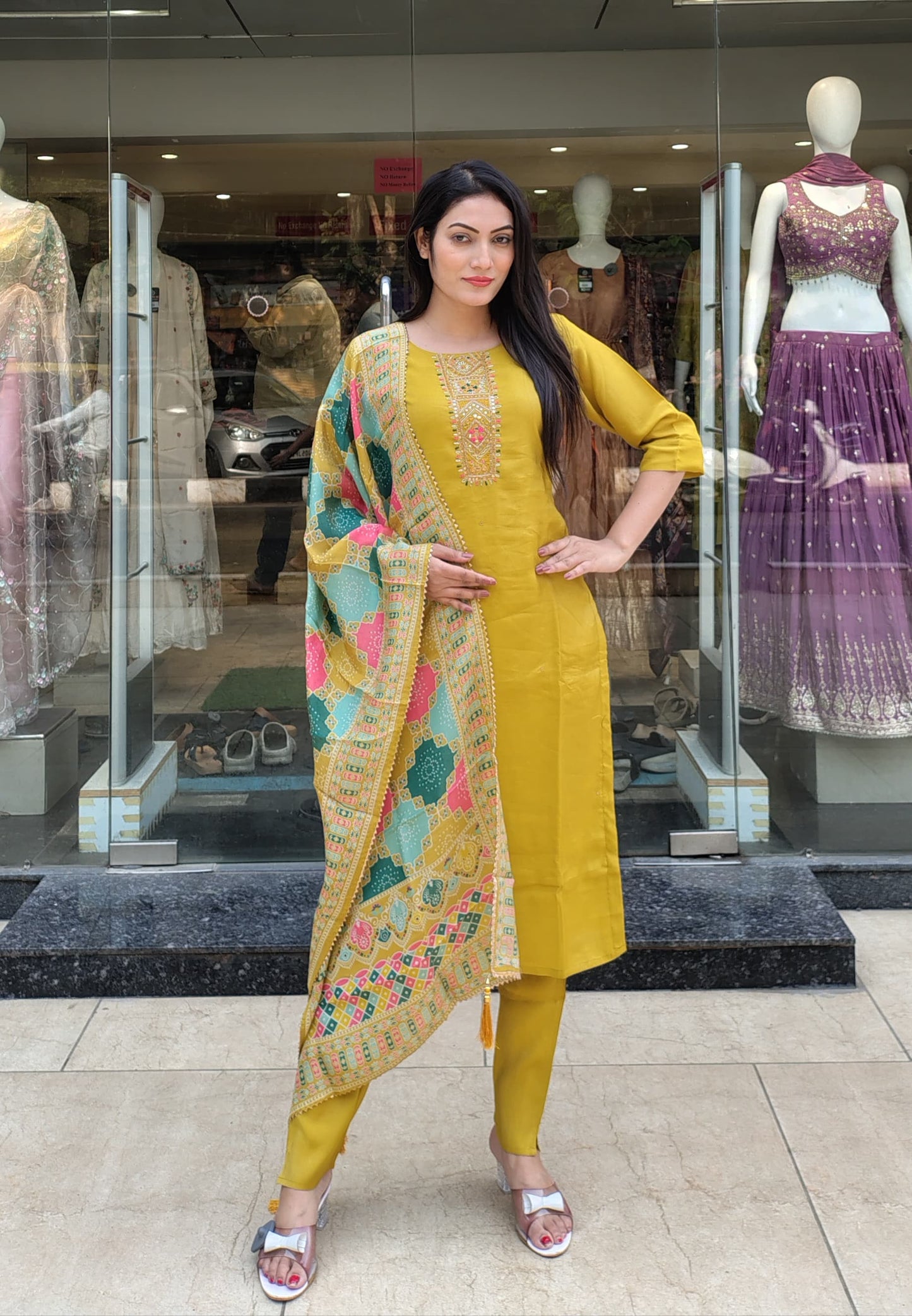 Radiant Ocher Yellow Semi-Silk Ethnic Dress
