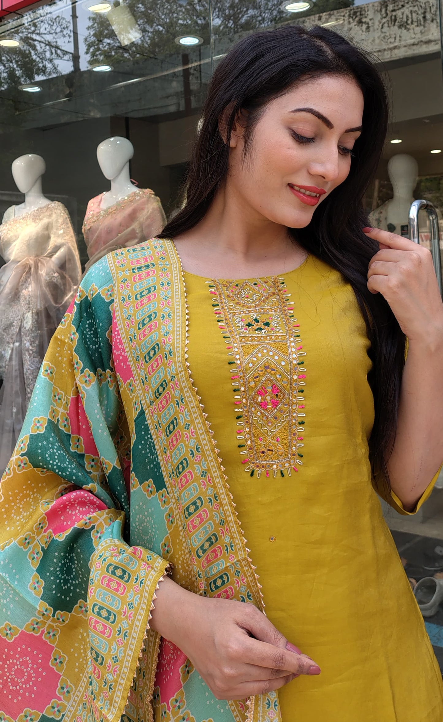 Radiant Ocher Yellow Semi-Silk Ethnic Dress