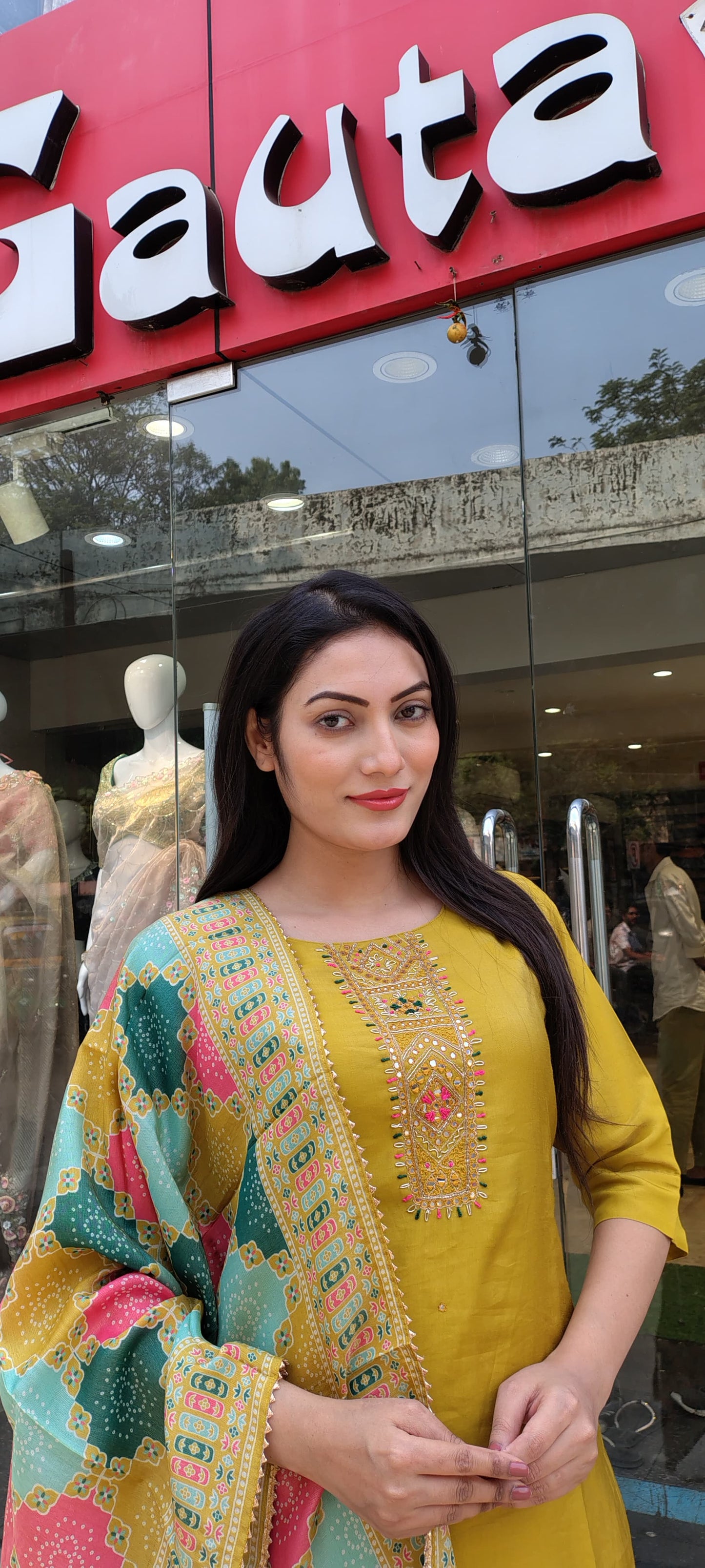 Radiant Ocher Yellow Semi-Silk Ethnic Dress