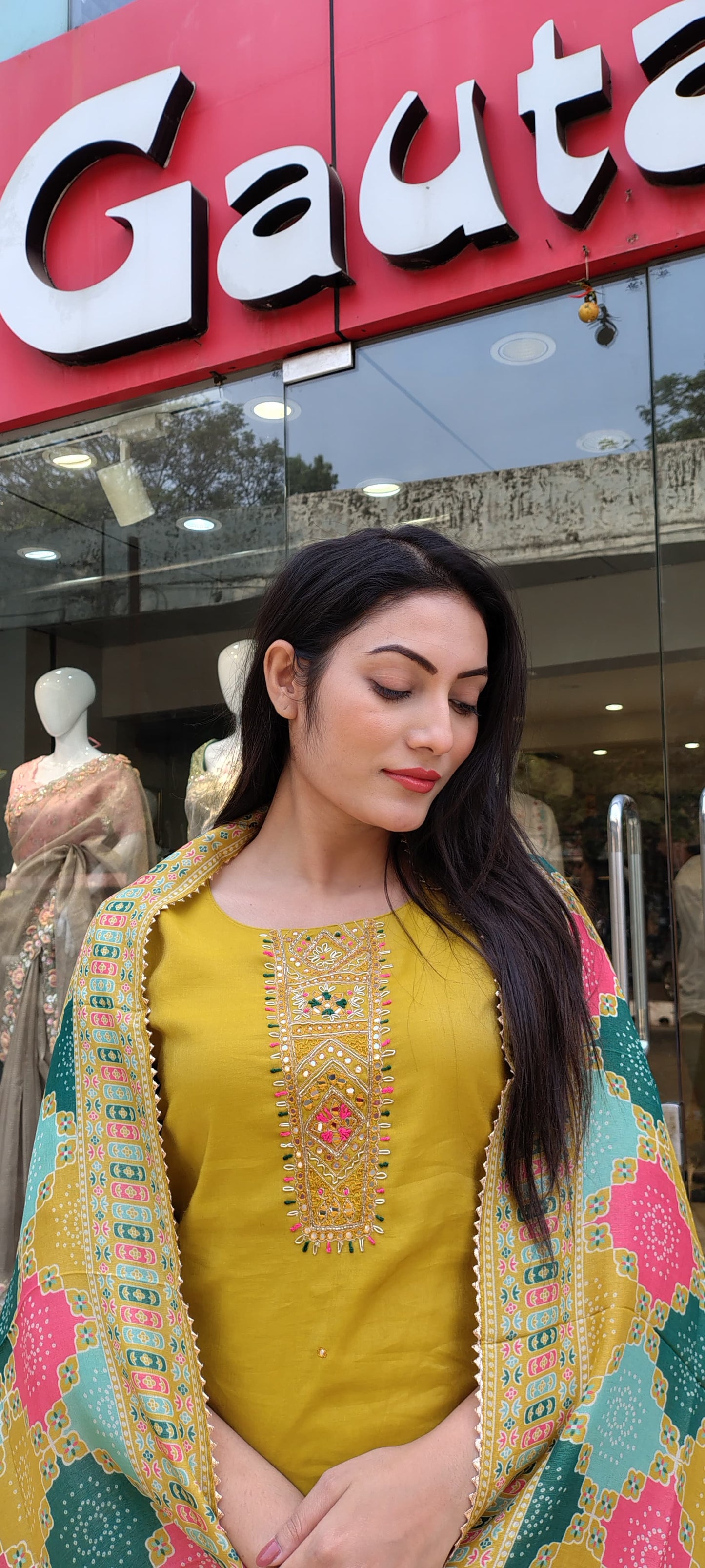 Radiant Ocher Yellow Semi-Silk Ethnic Dress